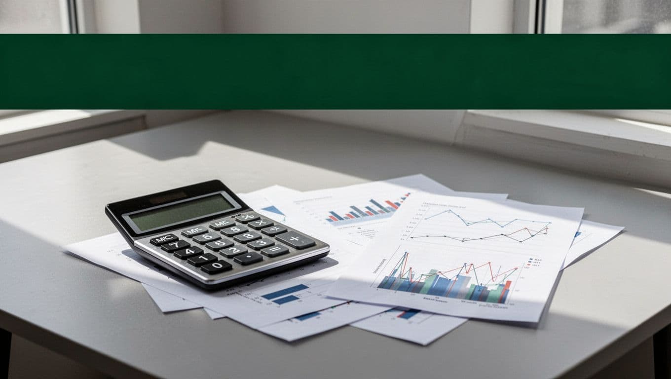 A minimalist desk with a calculator and financial graphs beneath a dark green rates banner.