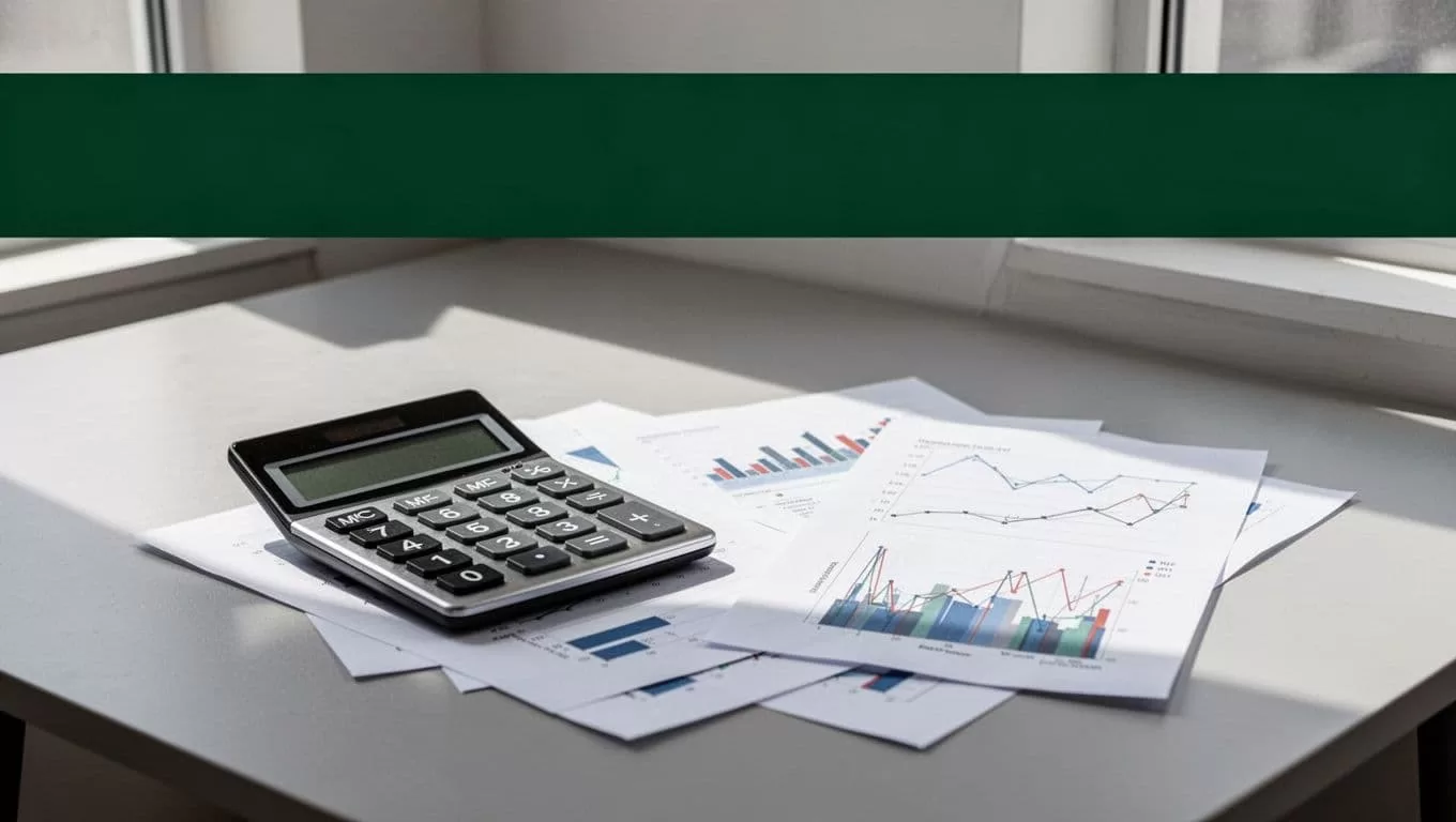 A minimalist desk with a calculator and financial graphs beneath a dark green rates banner.
