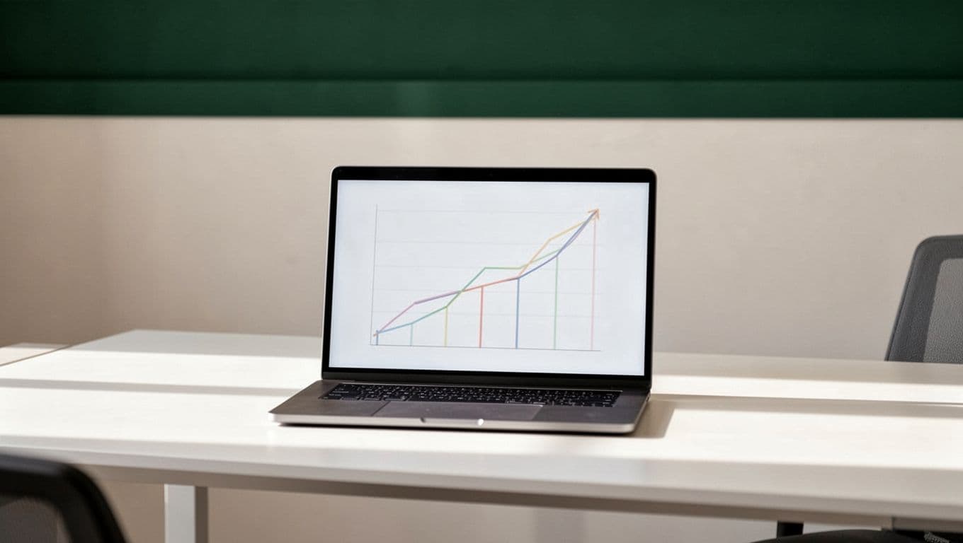 A clean office desk features a laptop displaying an abstract growth chart against a neutral background. A dark-green header at the top showcases bold white text reading Fast Experiments.