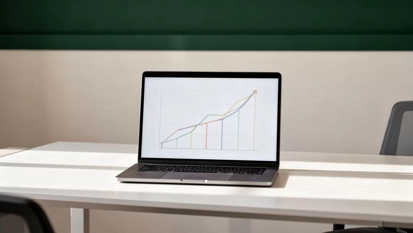A clean office desk features a laptop displaying an abstract growth chart against a neutral background. A dark-green header at the top showcases bold white text reading Fast Experiments.
