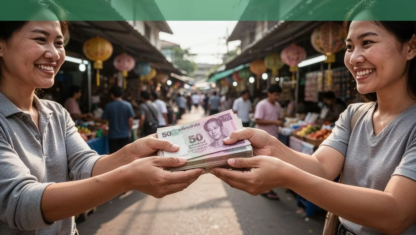 A financial exchange scene featuring bold headline text and a dark green banner.