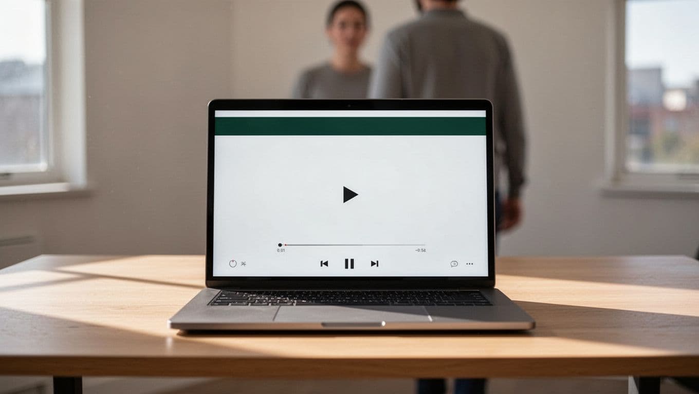 A laptop on a desk showing an audio playback interface with a blurred background figure.