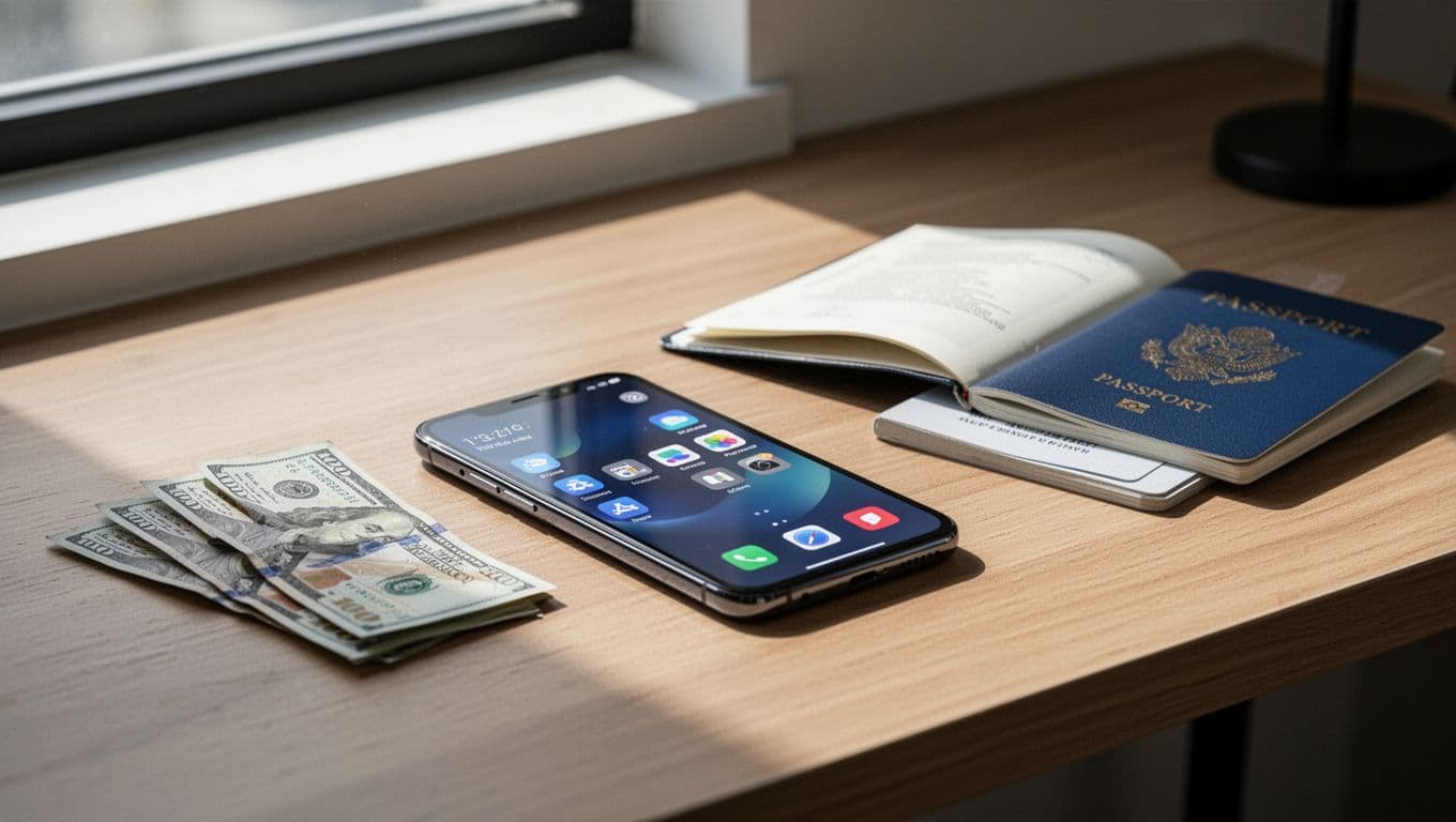 A smartphone, cash, and passport rest on a minimalist desk beneath a dark green header banner.