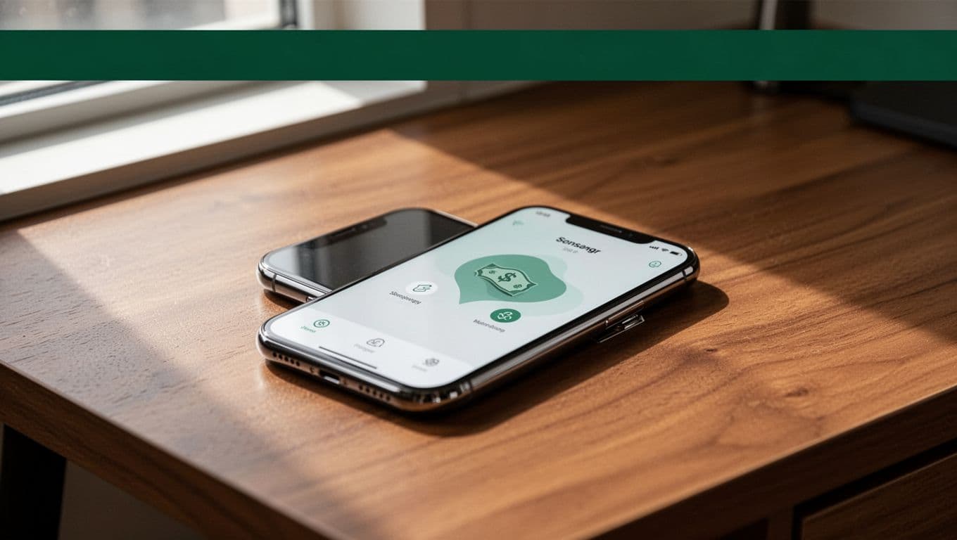 A smartphone showing a money transfer app on a wooden desk.