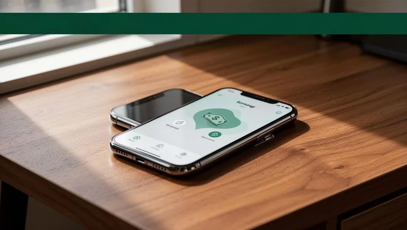 A smartphone showing a money transfer app on a wooden desk.