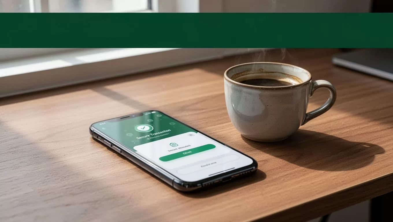A smartphone displaying a secure money transfer app on a wooden desk next to a coffee cup.