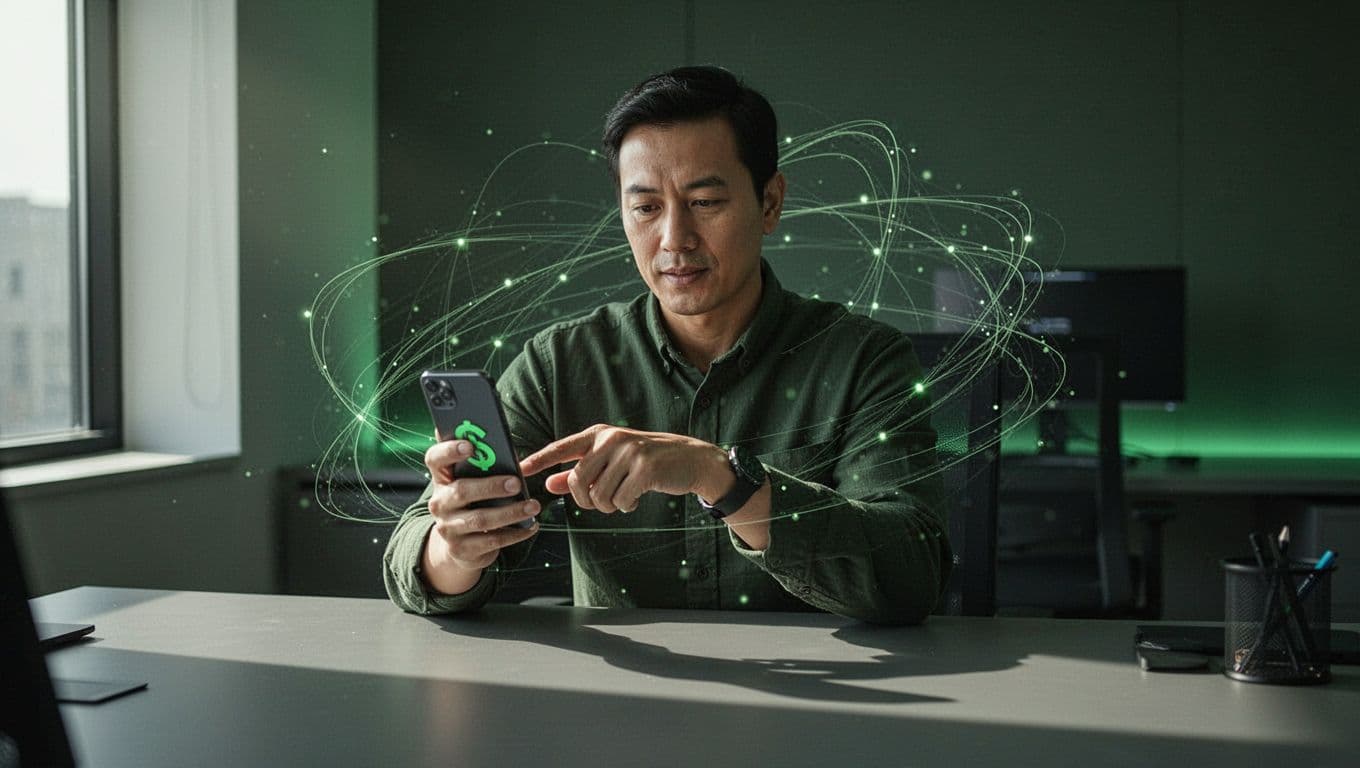 A dark green top banner with bold headline text above a person using a secure digital transfer service.