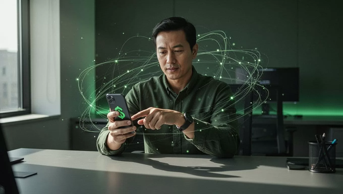 A dark green top banner with bold headline text above a person using a secure digital transfer service.