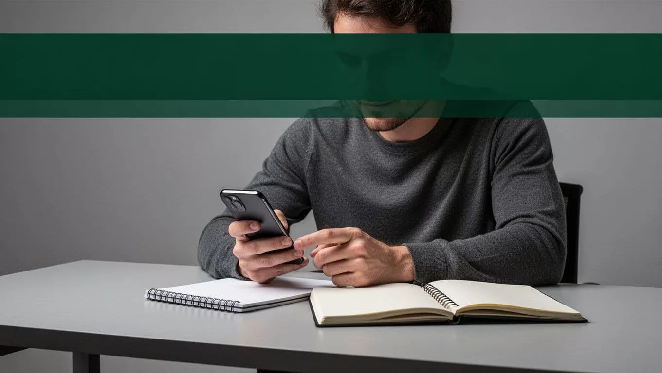 A person prepares transfer details beside a smartphone and notebook on a clean desk.
