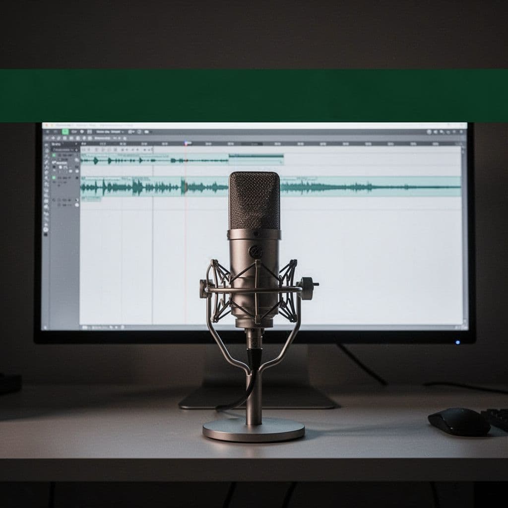 A sleek studio microphone stands before a high-resolution display showcasing a video editing timeline. A prominent dark green header bar features bold white typography highlighting efficient production and digital processing speed.