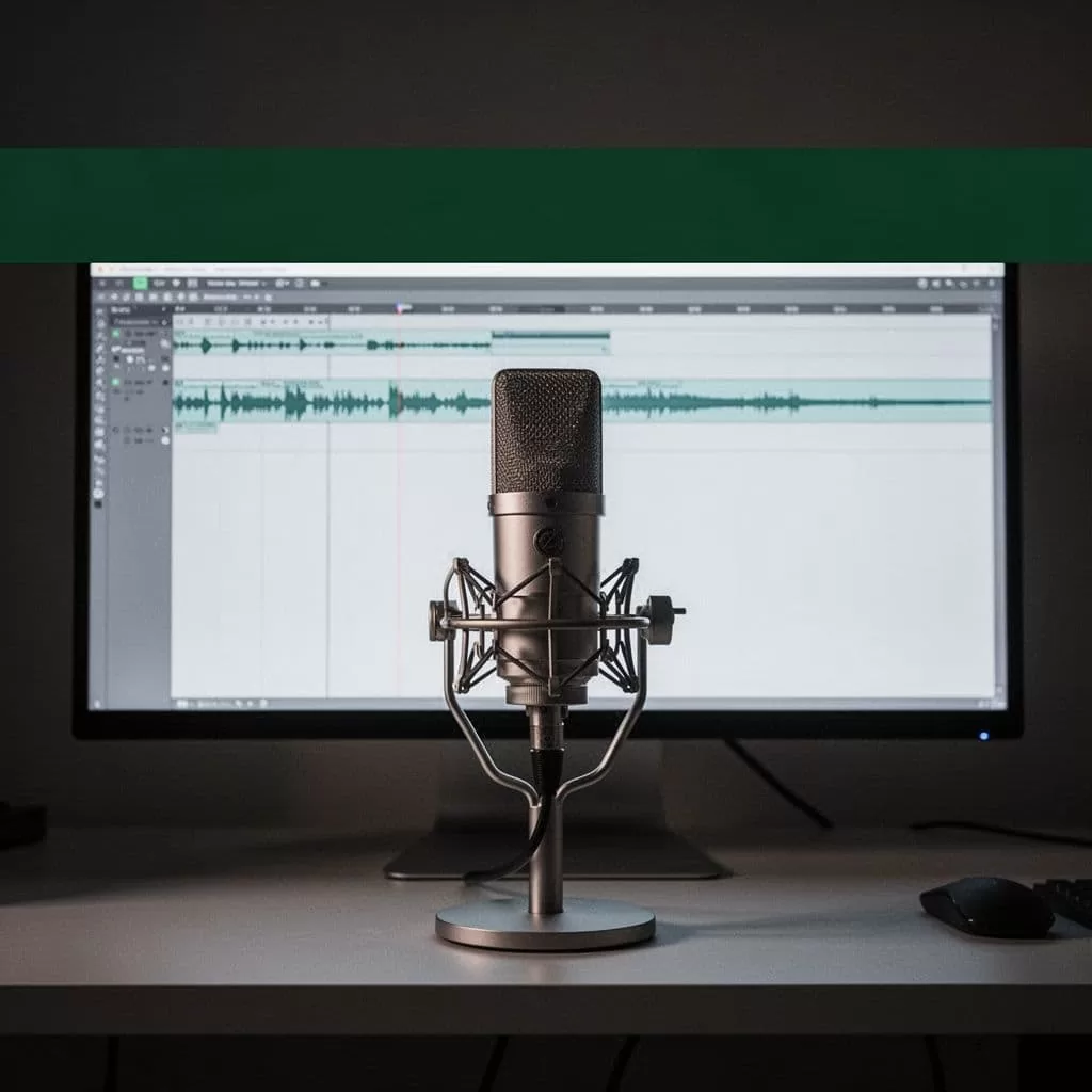 A sleek studio microphone stands before a high-resolution display showcasing a video editing timeline. A prominent dark green header bar features bold white typography highlighting efficient production and digital processing speed.