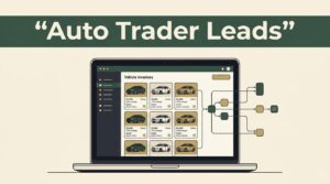 Laptop showing a car inventory dashboard with connected data nodes on a cream background.