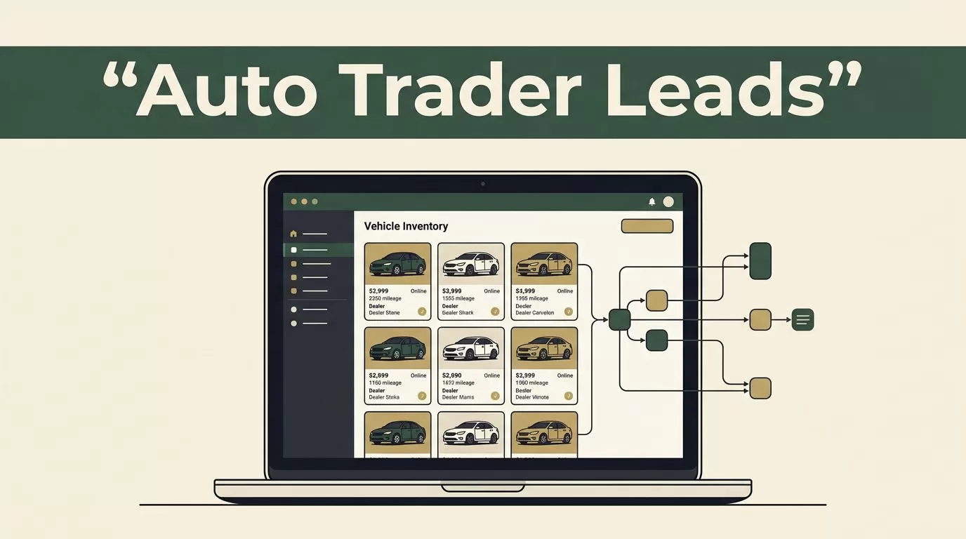 Laptop showing a car inventory dashboard with connected data nodes on a cream background.
