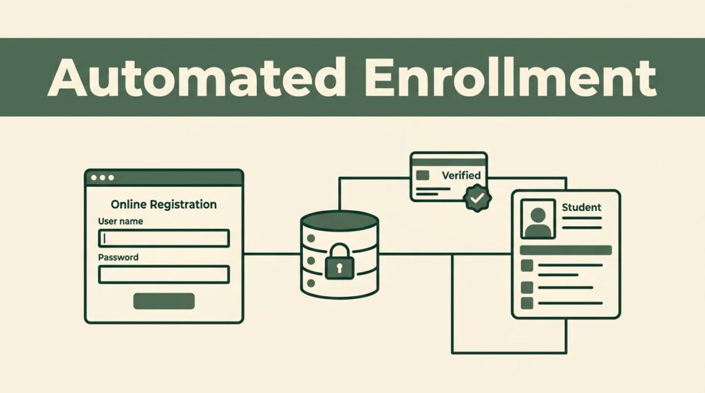 A vector graphic showing an online registration form connecting to a database and student profile.