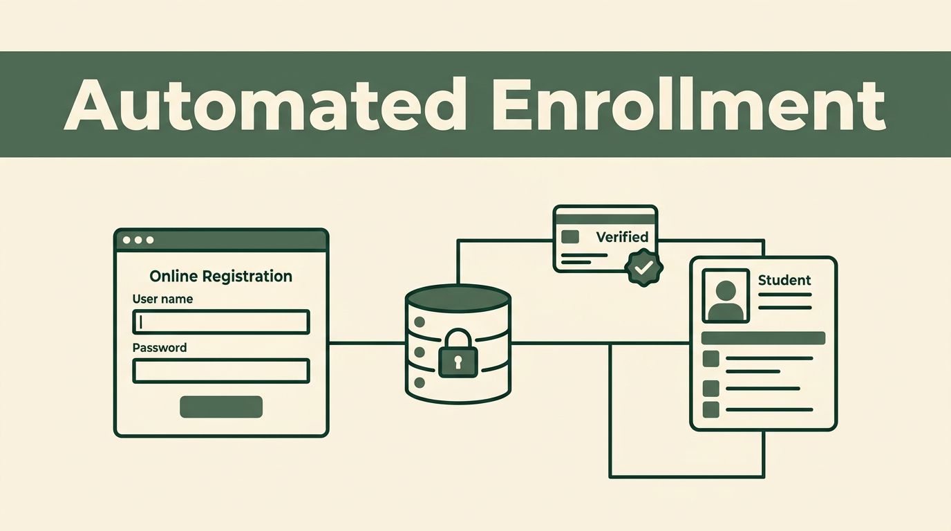 A vector graphic showing an online registration form connecting to a database and student profile.