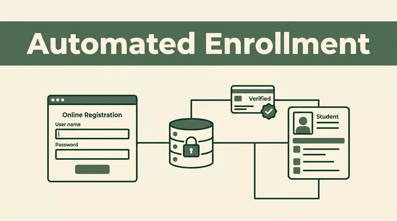 A vector graphic showing an online registration form connecting to a database and student profile.