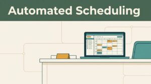 An outpatient clinic desk with a laptop showing a scheduling calendar.