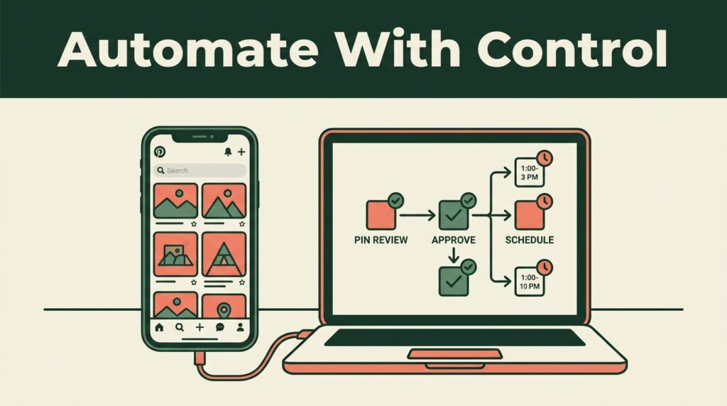 A smartphone and laptop show a Pinterest board and approval workflow on a cream desk.