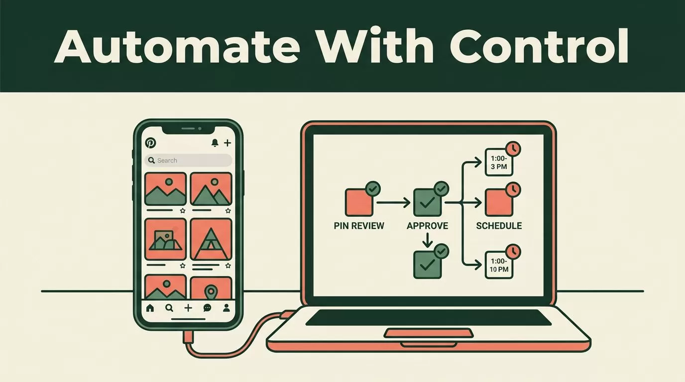 A smartphone and laptop show a Pinterest board and approval workflow on a cream desk.