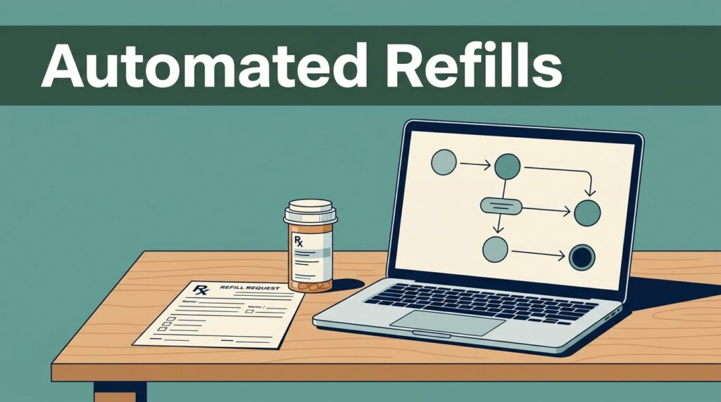 A clean pharmacy counter with a prescription bottle, refill form, and laptop showing a workflow chart.
