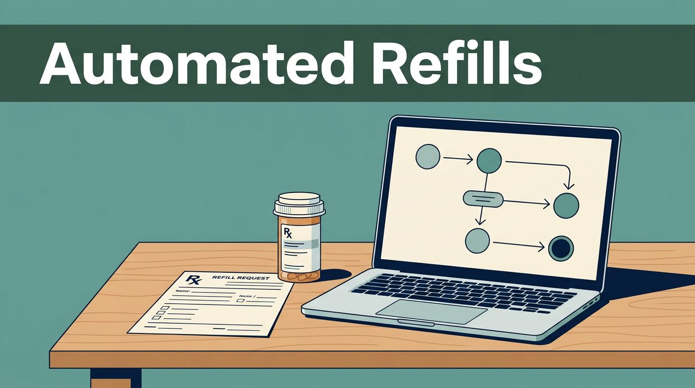 A clean pharmacy counter with a prescription bottle, refill form, and laptop showing a workflow chart.