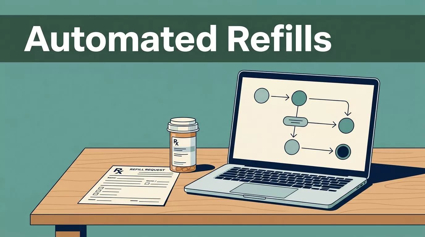 A clean pharmacy counter with a prescription bottle, refill form, and laptop showing a workflow chart.