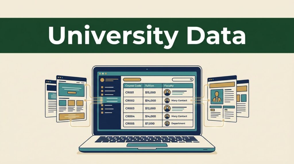 A laptop displays university websites transforming into structured data and analytics.