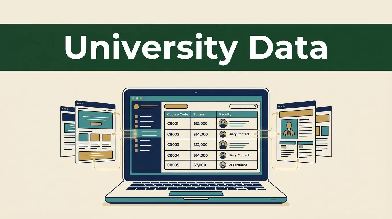 A laptop displays university websites transforming into structured data and analytics.