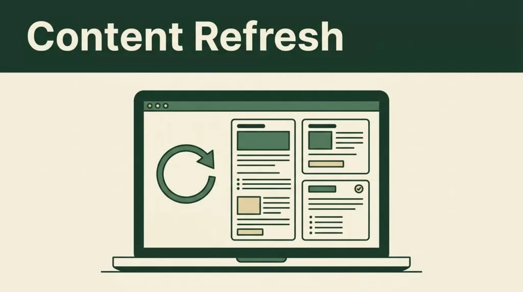 Laptop showing a refreshed blog article with update arrows and organized content cards.