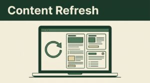 Laptop showing a refreshed blog article with update arrows and organized content cards.