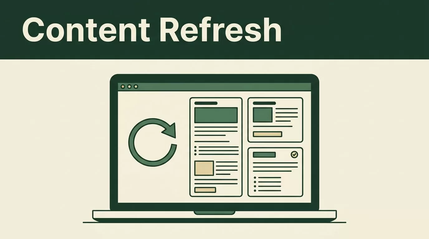 Laptop showing a refreshed blog article with update arrows and organized content cards.