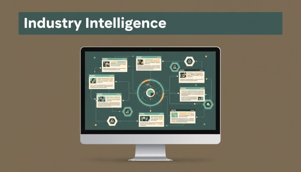 A sleek monitor displaying an organized intelligence dashboard and connected news cards.