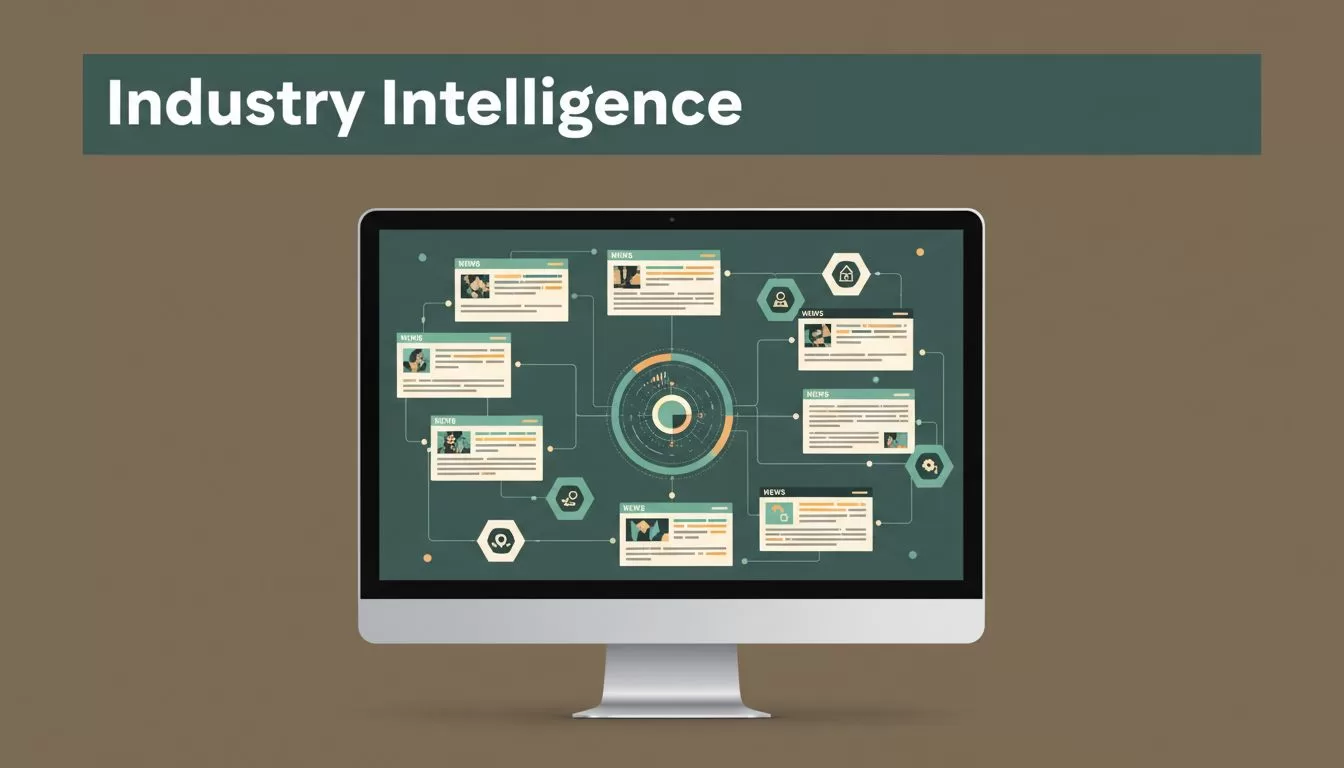 A sleek monitor displaying an organized intelligence dashboard and connected news cards.