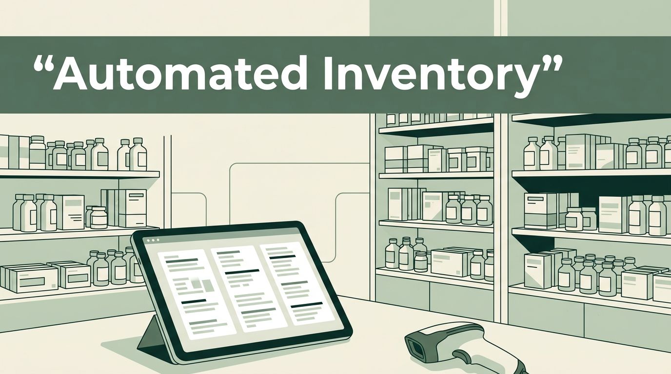 A modern pharmacy dispensary with organized medication shelves and a tablet showing inventory data.