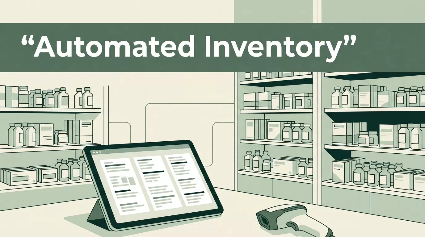 A modern pharmacy dispensary with organized medication shelves and a tablet showing inventory data.