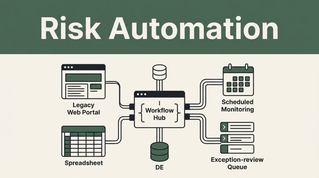 An automated risk workflow hub connecting spreadsheets and monitoring queues with structured data lines.