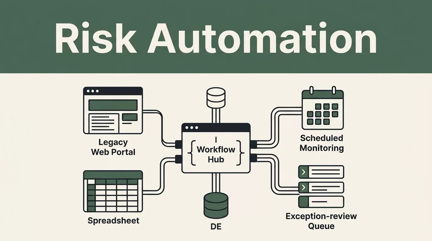 An automated risk workflow hub connecting spreadsheets and monitoring queues with structured data lines.