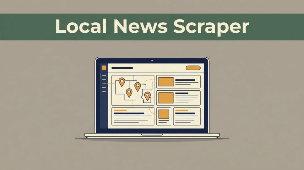 A laptop displays a local news monitoring dashboard with regional map pins and abstract headline cards.