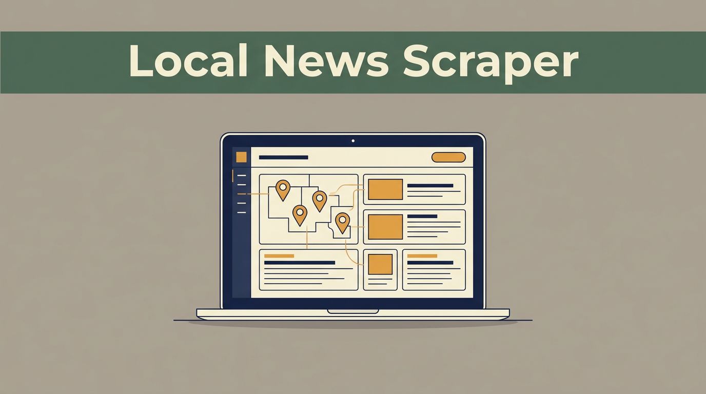 A laptop displays a local news monitoring dashboard with regional map pins and abstract headline cards.