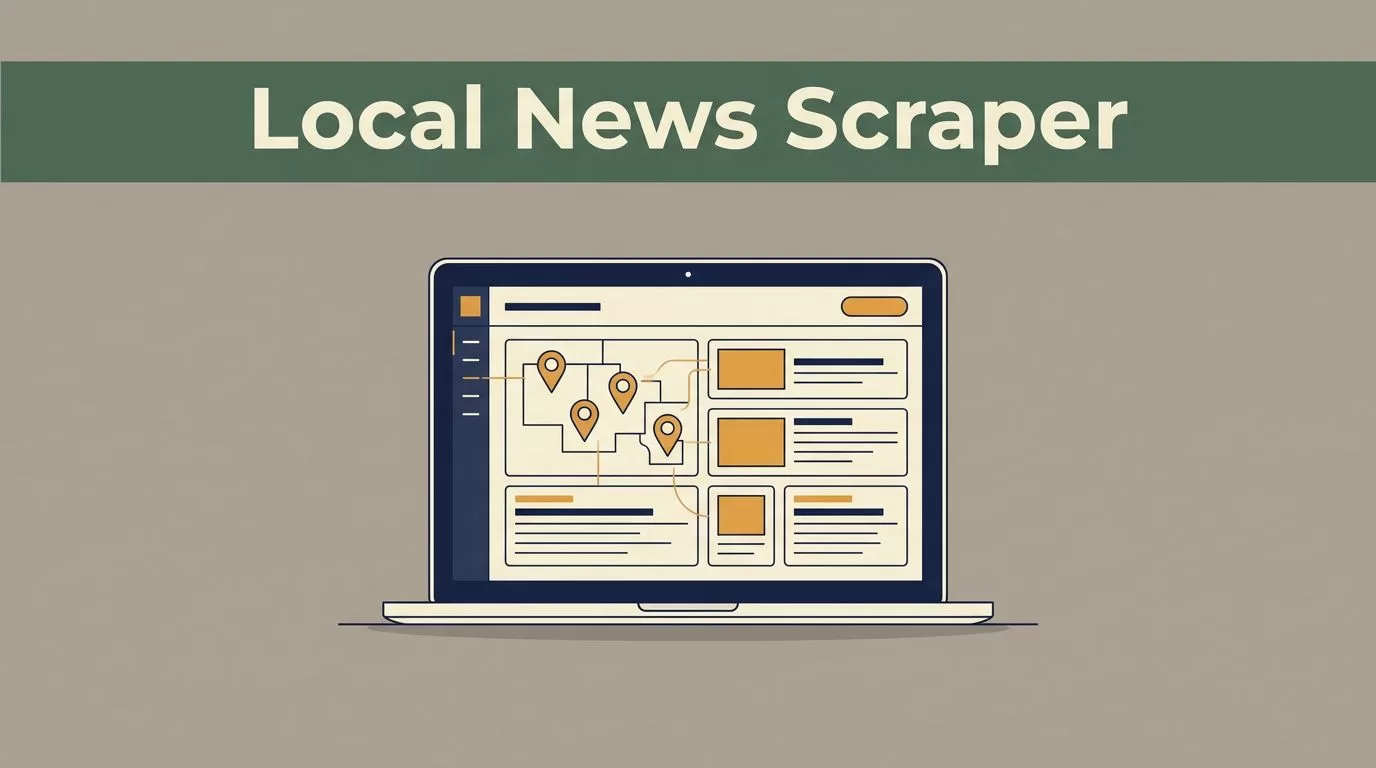 A laptop displays a local news monitoring dashboard with regional map pins and abstract headline cards.