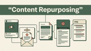 Central document connected to cards for a social post, email, video script, and FAQ.