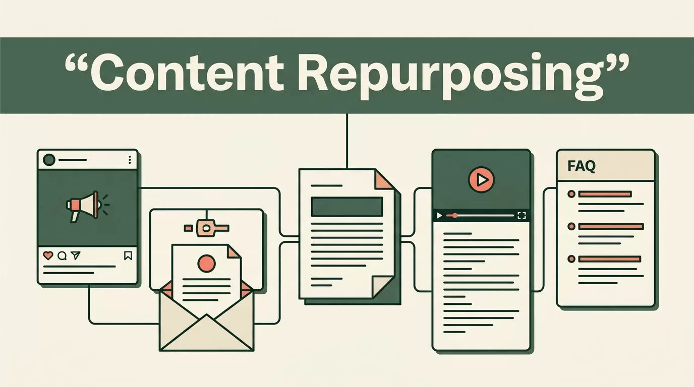 Central document connected to cards for a social post, email, video script, and FAQ.