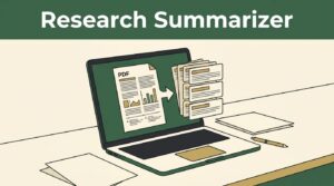 An open laptop showing summary cards next to papers on a tidy desk.