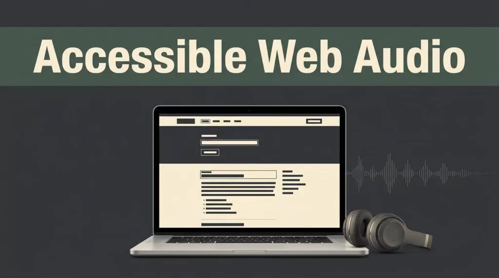 An open laptop displaying a webpage, headphones, and an audio waveform on a dark desk.