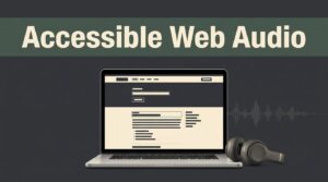 An open laptop displaying a webpage, headphones, and an audio waveform on a dark desk.