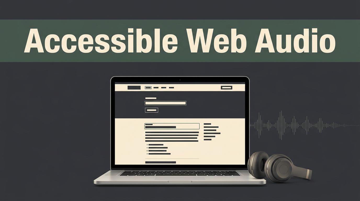 An open laptop displaying a webpage, headphones, and an audio waveform on a dark desk.