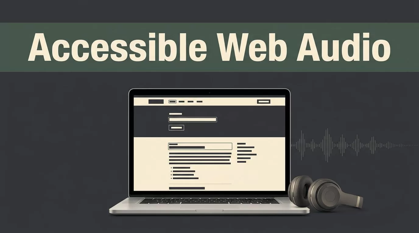 An open laptop displaying a webpage, headphones, and an audio waveform on a dark desk.