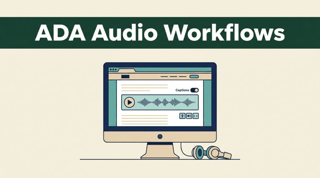 A computer monitor showing an audio player with a waveform and headphones next to it.