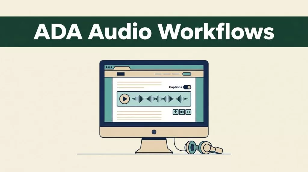 A computer monitor showing an audio player with a waveform and headphones next to it.