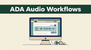A computer monitor showing an audio player with a waveform and headphones next to it.